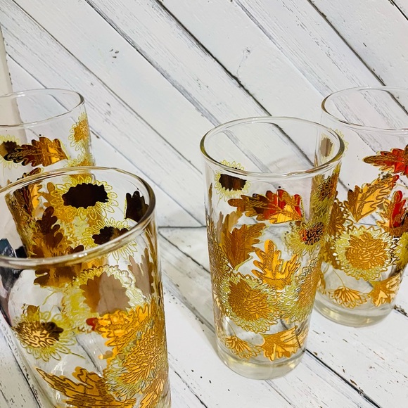 Set of 4 Vintage Mid Center Modern Pokee Yellow 22K Gold Chrysanthemum glasses - Picture 4 of 8
